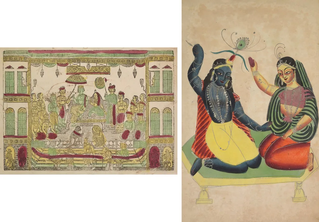 Leaf from a Kalighat album: Rama and Sita in the Royal Palace (recto); Radha and Krishna (verso), by Shri Gobinda Chandra Roy, 1890