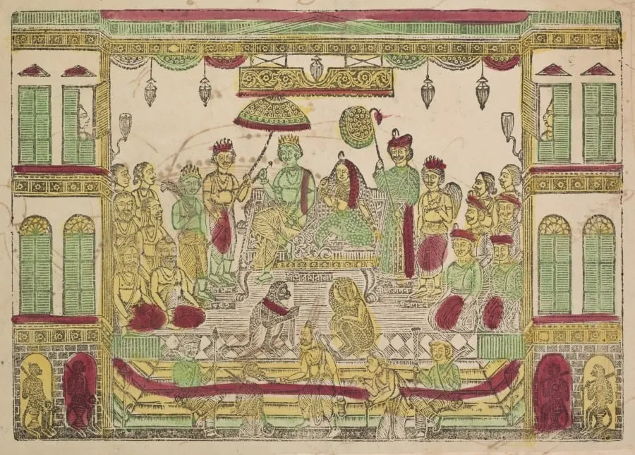 Rama and Sita in the royal palace (recto), from a Kalighat album, by Shri Gobinda Chandra Roy, 1890