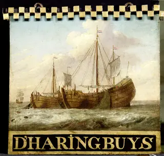 Sign, both sides painted with Herring Boats