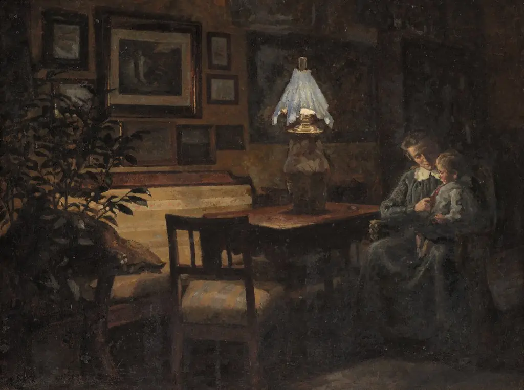 Afteninteriør. Moder og barn, by Sigurd Wandel