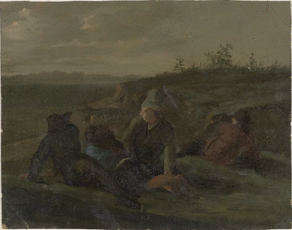 Resting Countrymen in a Meadow, by Simon Andreas Krausz, oil, 1799