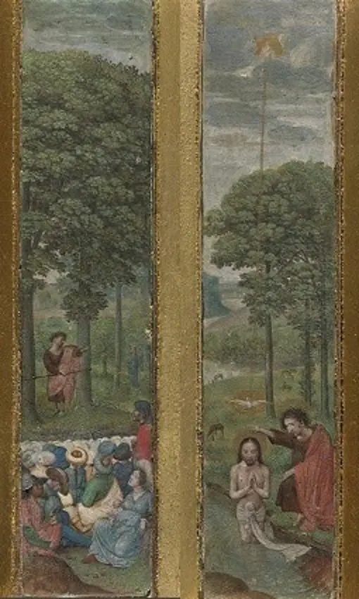 John the Baptist preaching and the Baptism of Christ, by Simon Bening