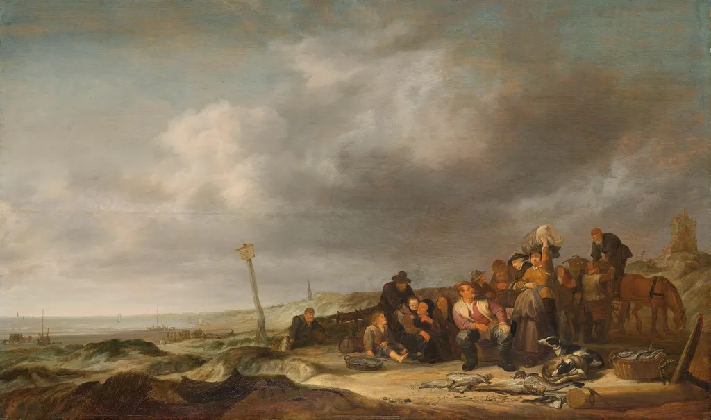 Beach with fishermen, by Simon de Vlieger, oil, 1650