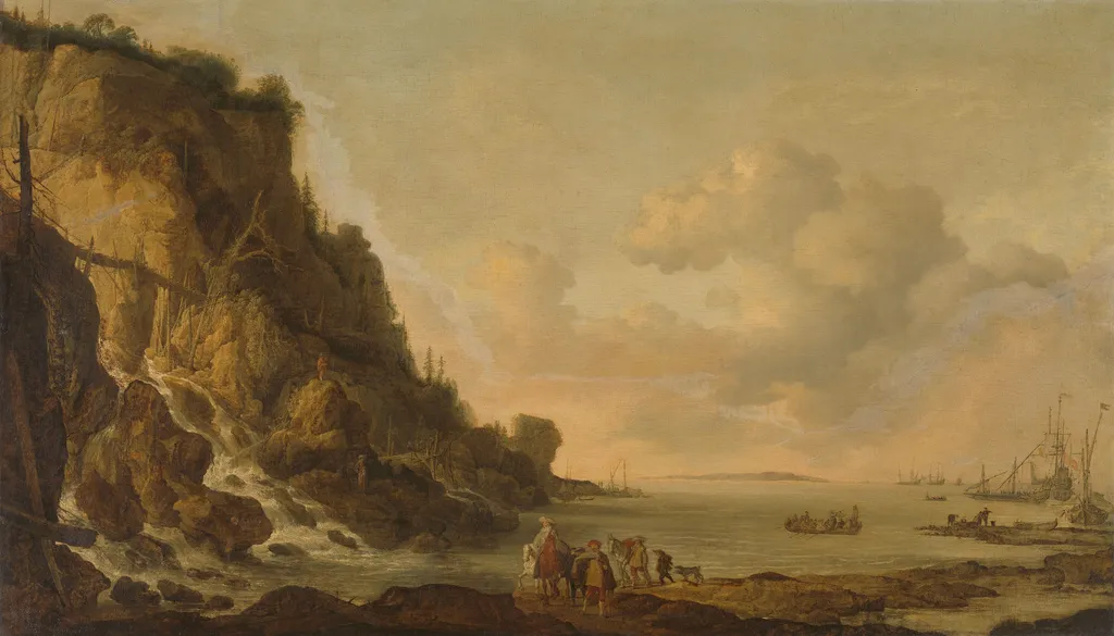Rocky coast, by Simon de Vlieger, oil, 1650