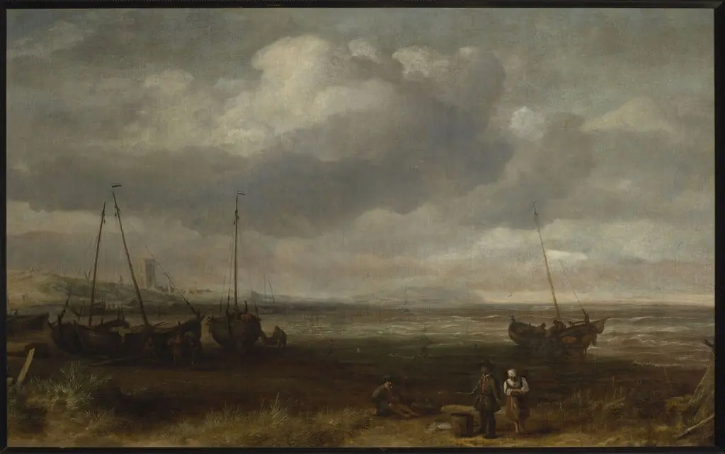 Seaside in Scheveningen with fishing boats, by Simon de Vlieger