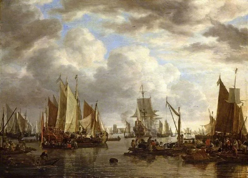 Shipping before Dordrecht, by Simon de Vlieger, oil, 1651