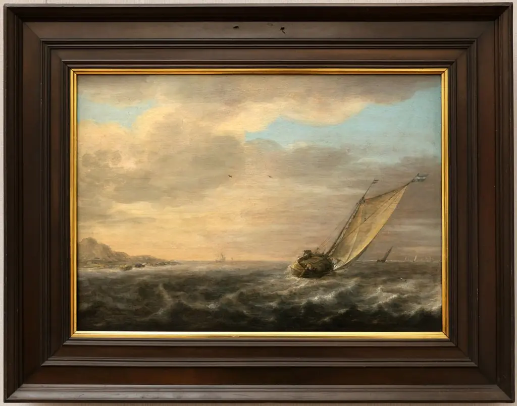 Slightly waving sea with sailing ship, by Simon de Vlieger
