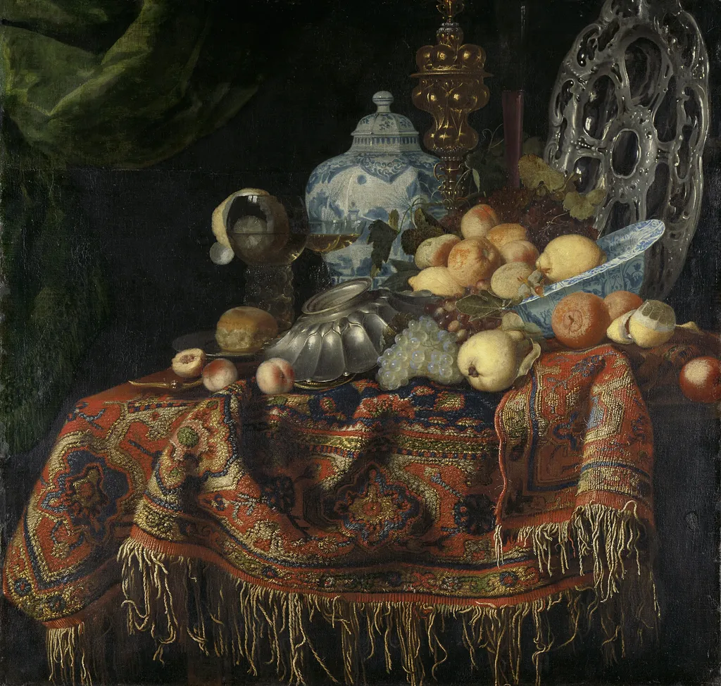 Still Life with Fruit, Plates and Dishes on a Turkey Carpet, by Simon Luttichuys, oil, 1650