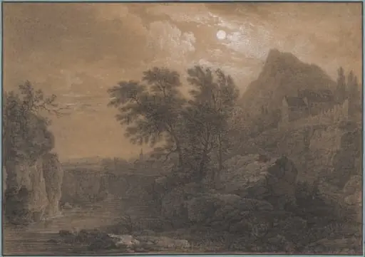 Moonlit Landscape with a River and Castle, by Simon Mathurin Lantara