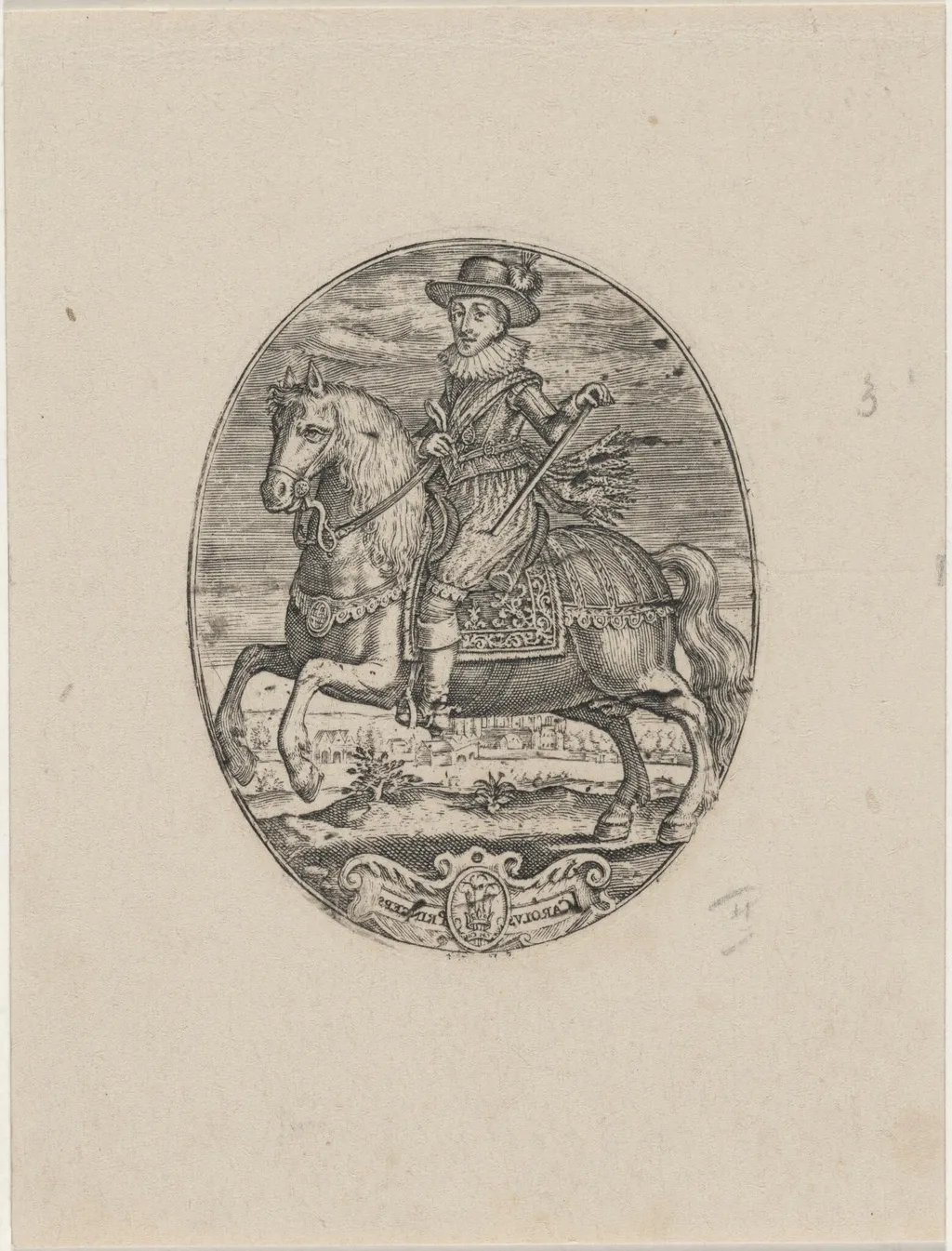 Charles I, King of England, On Horseback, by Simon van de Passe, ink, 1621
