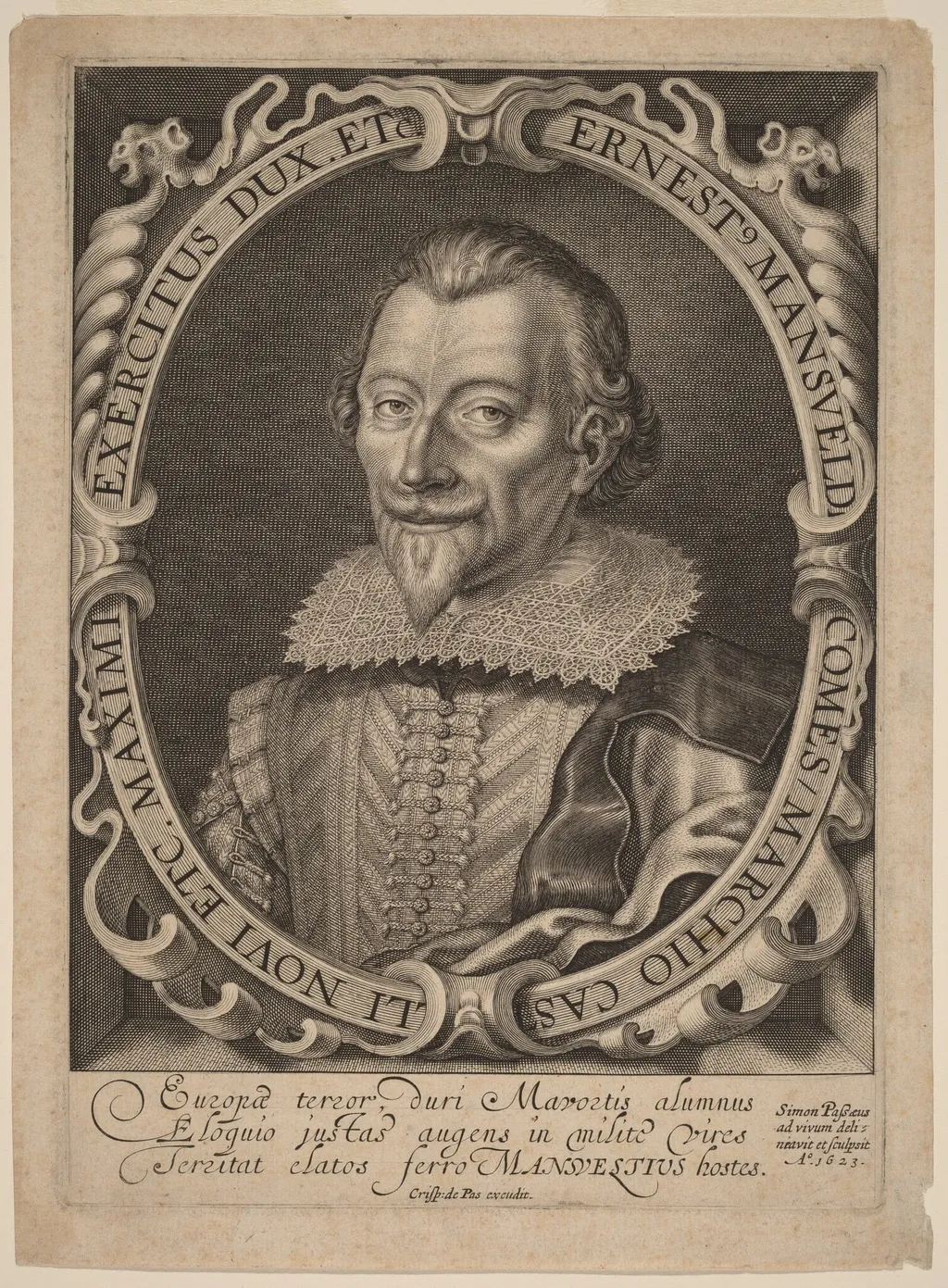 Count Ernest Mansfeld, by Simon van de Passe, ink, 1623