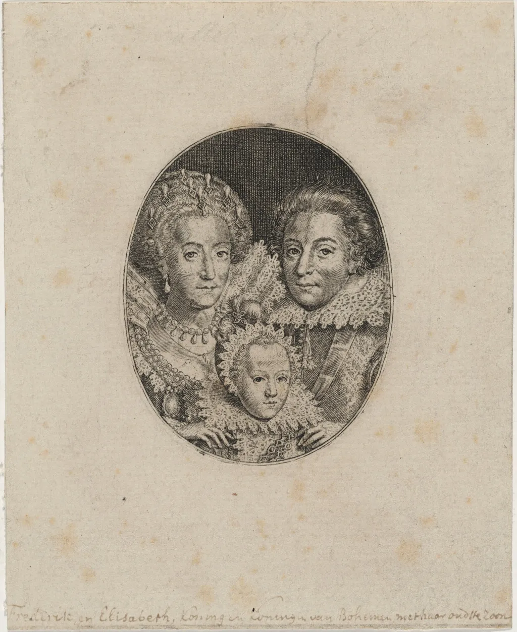 Frederick V, Elizabeth, and Prince Frederick Frederick Henry, by Simon van de Passe, ink, 1621