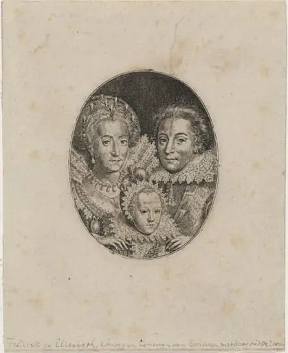 Frederick V, Elizabeth, and Prince Frederick Frederick Henry, by Simon van de Passe