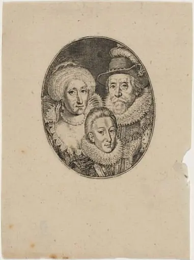 James I, Anne of Denmark, and Prince Charles, by Simon van de Passe