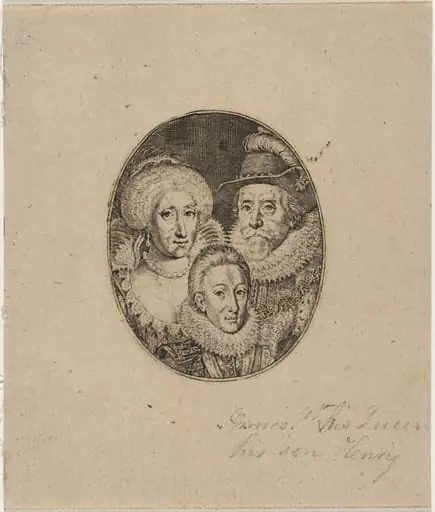 James I, Anne of Denmark, and Prince Charles, by Simon van de Passe