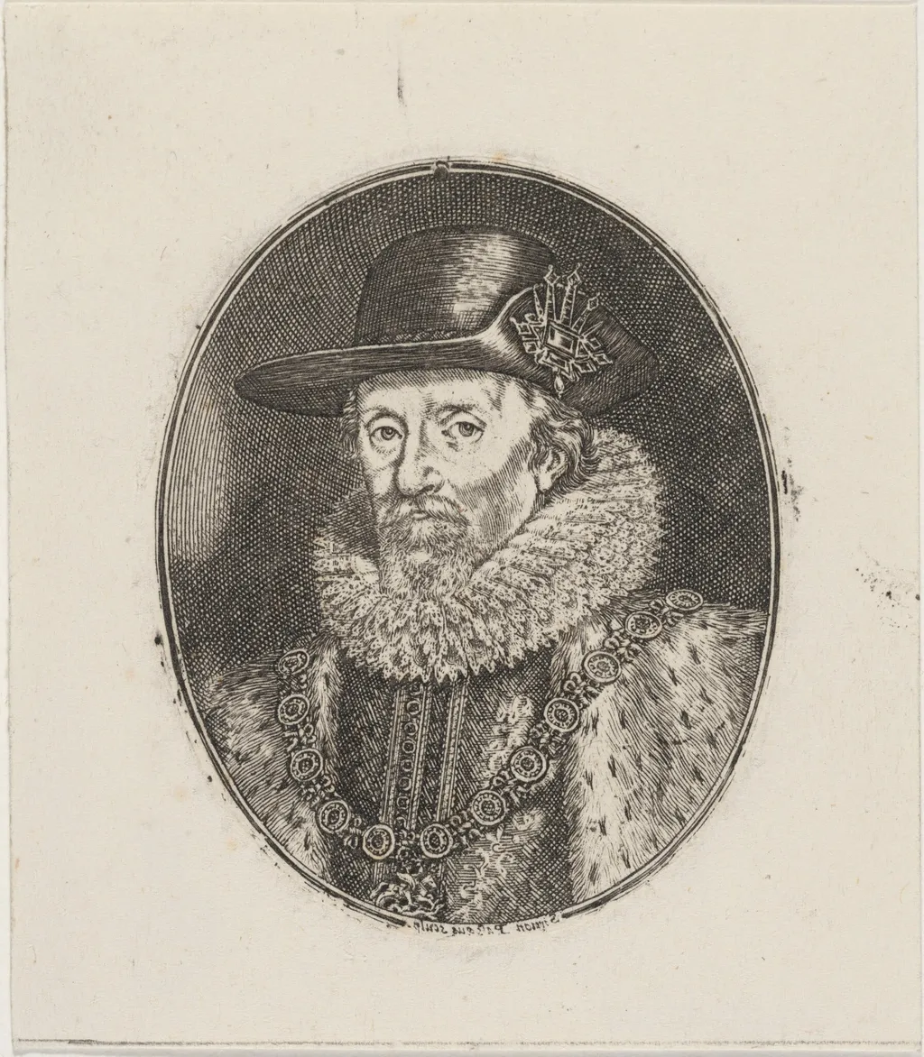 James I, King of England, by Simon van de Passe, ink, 1621