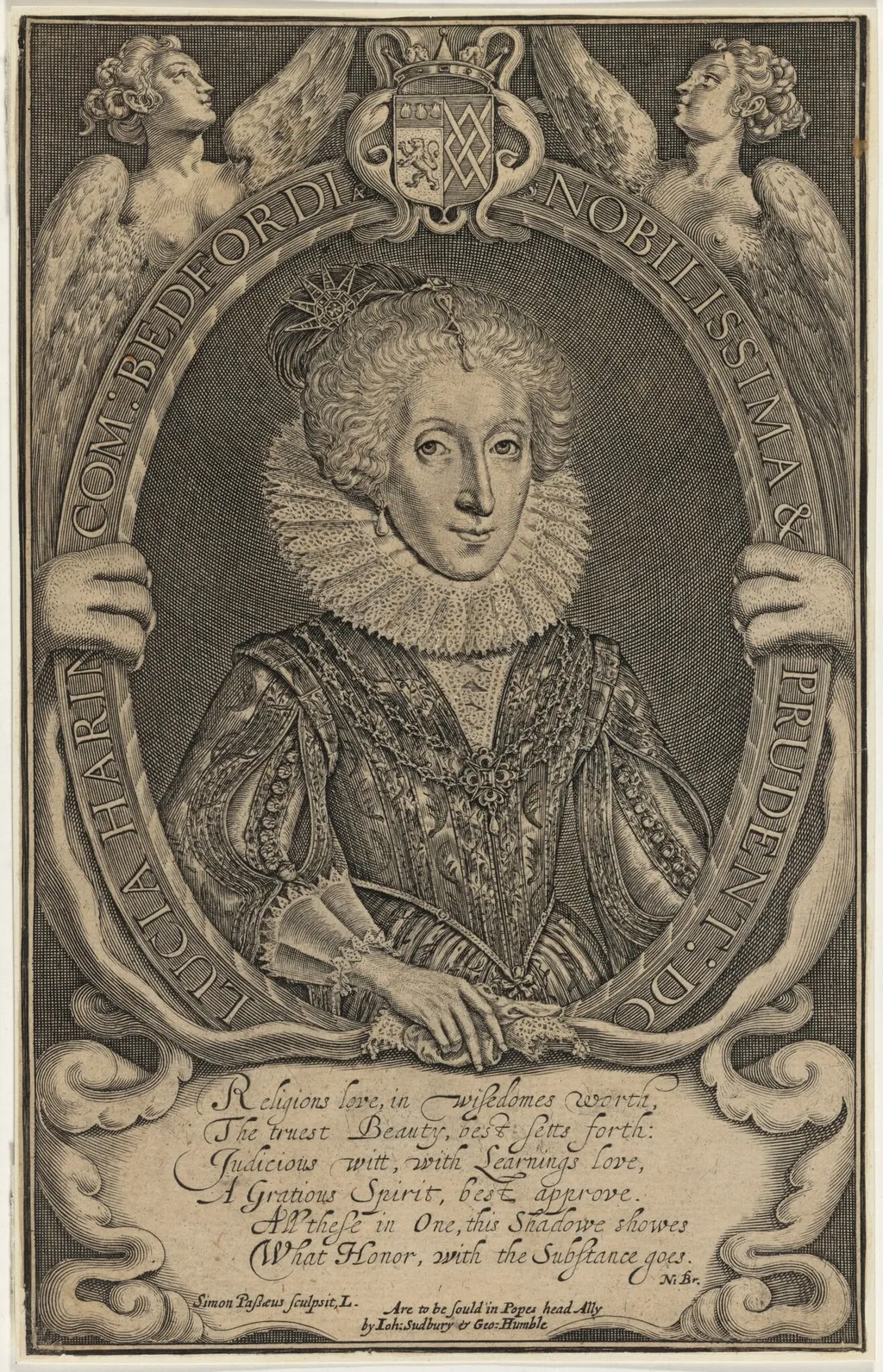 Lucia Harrington, Countess of Bedford, by Simon van de Passe, ink, 1621