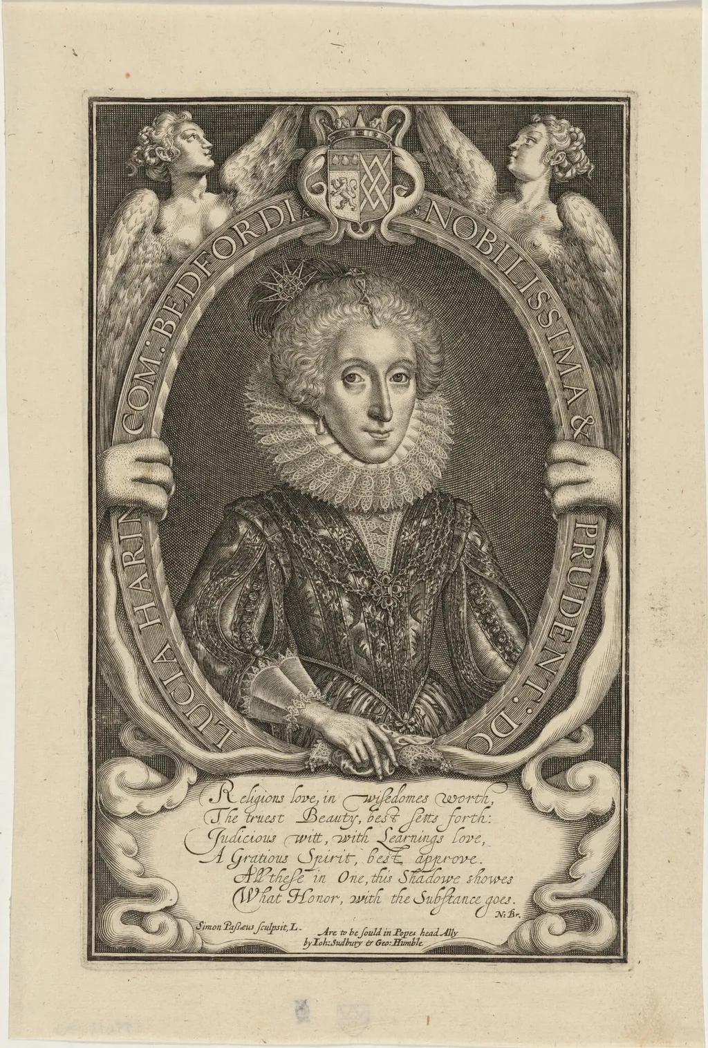 Lucia Harrington, Countess of Bedford, by Simon van de Passe, ink, 1621