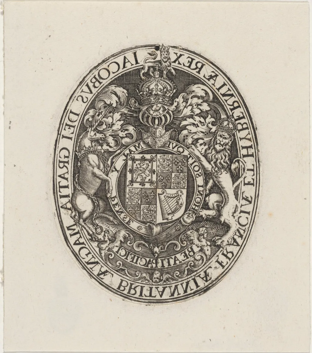 Shield of James I, by Simon van de Passe, ink, 1621