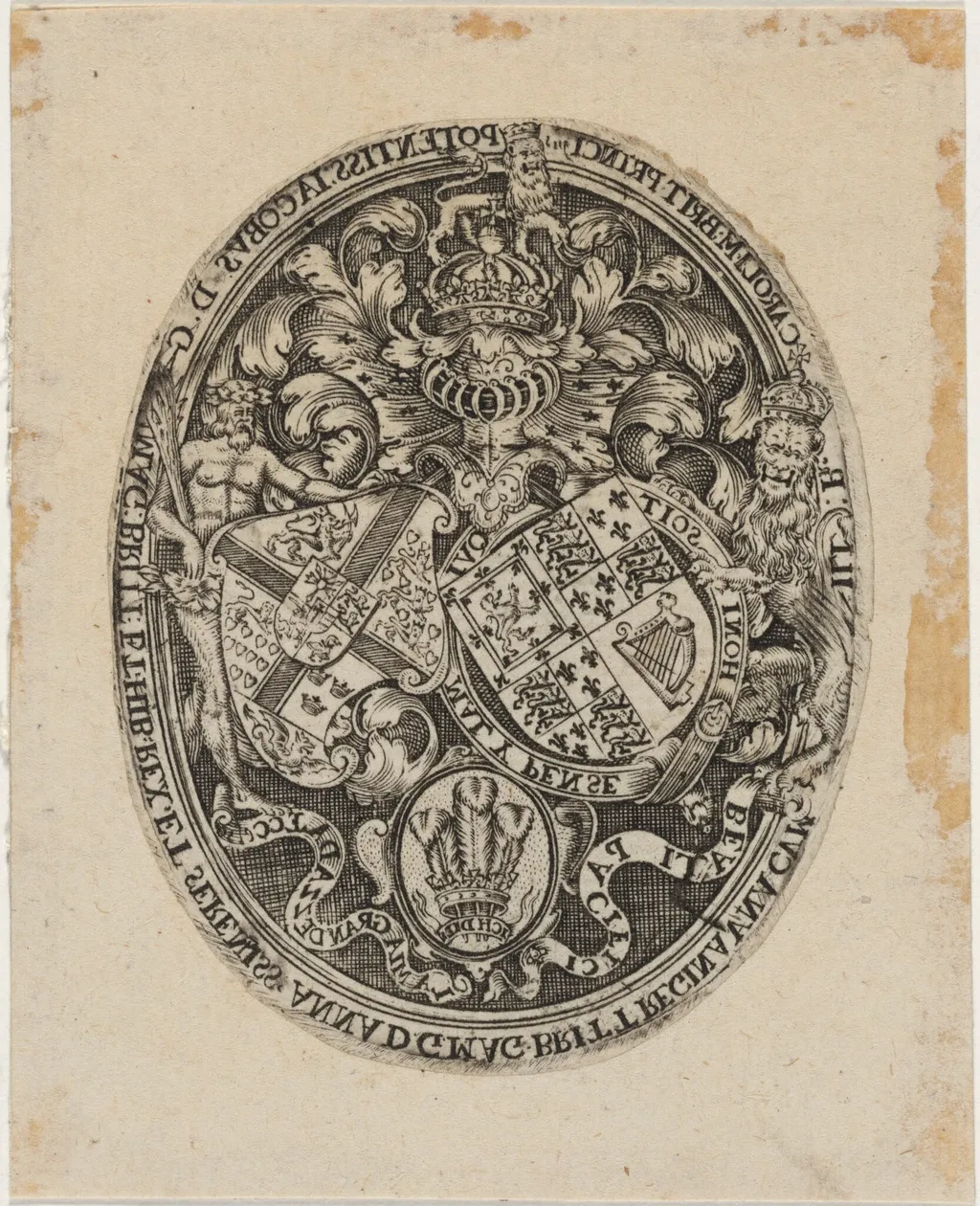 Shield of James I, Anne of Denmark, and Prince Charles, by Simon van de Passe, ink, 1621