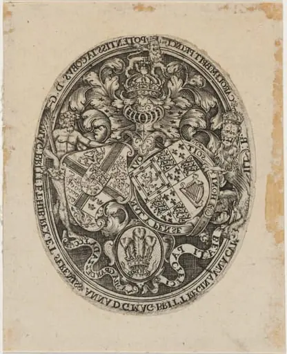 Shield of James I, Anne of Denmark, and Prince Charles, by Simon van de Passe