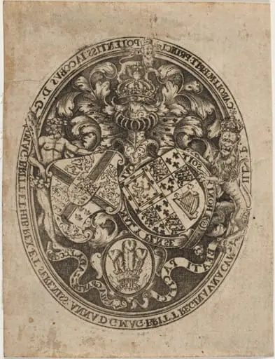 Shield of James I, Anne of Denmark, and Prince Charles, by Simon van de Passe