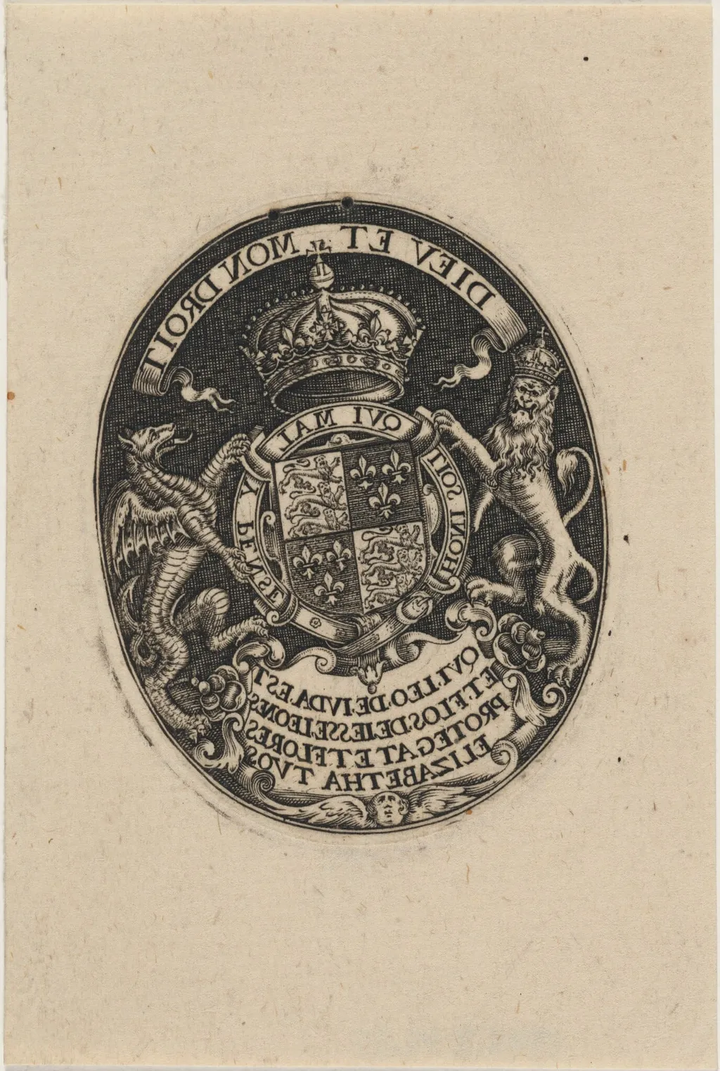 Shield of Queen of England, by Simon van de Passe, ink, 1621