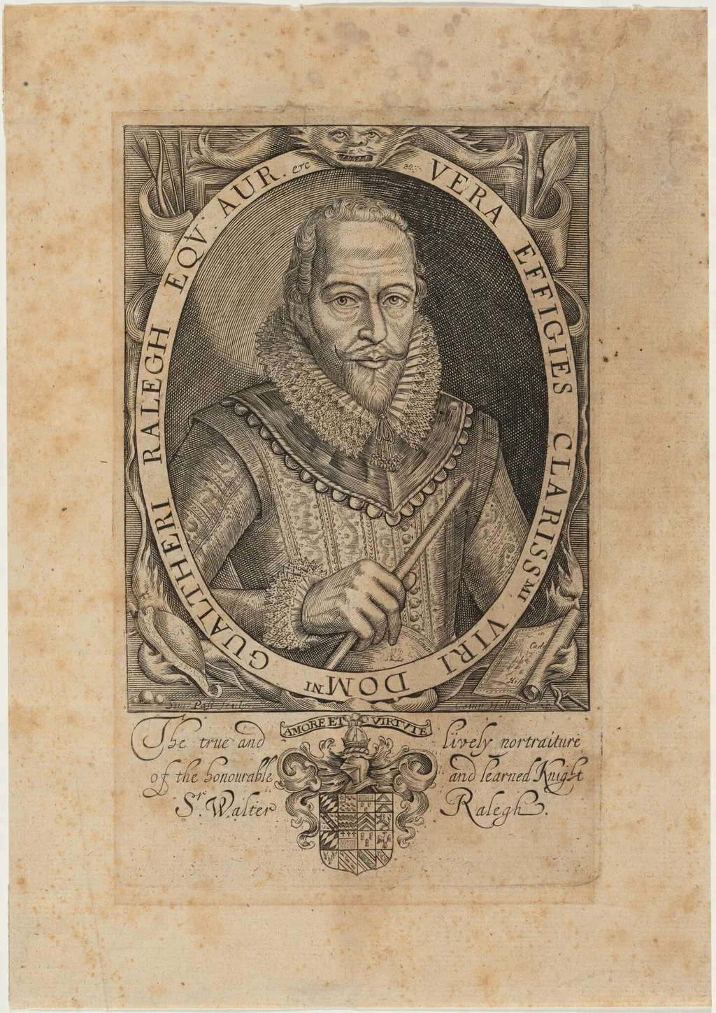 Sir Walter Raleigh, by Simon van de Passe, ink, 1621