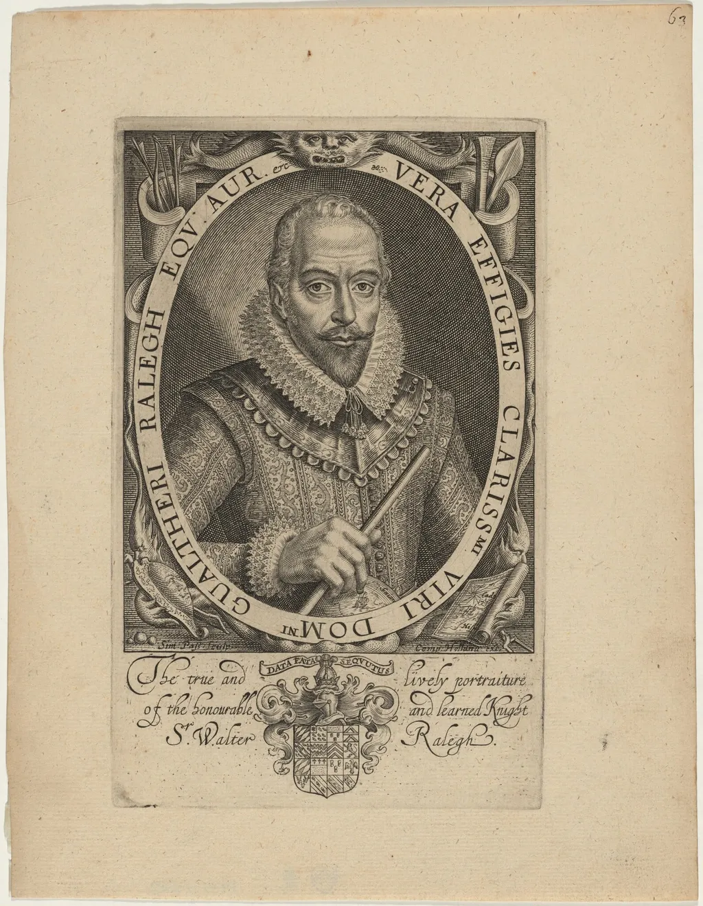 Sir Walter Raleigh, by Simon van de Passe, ink, 1621