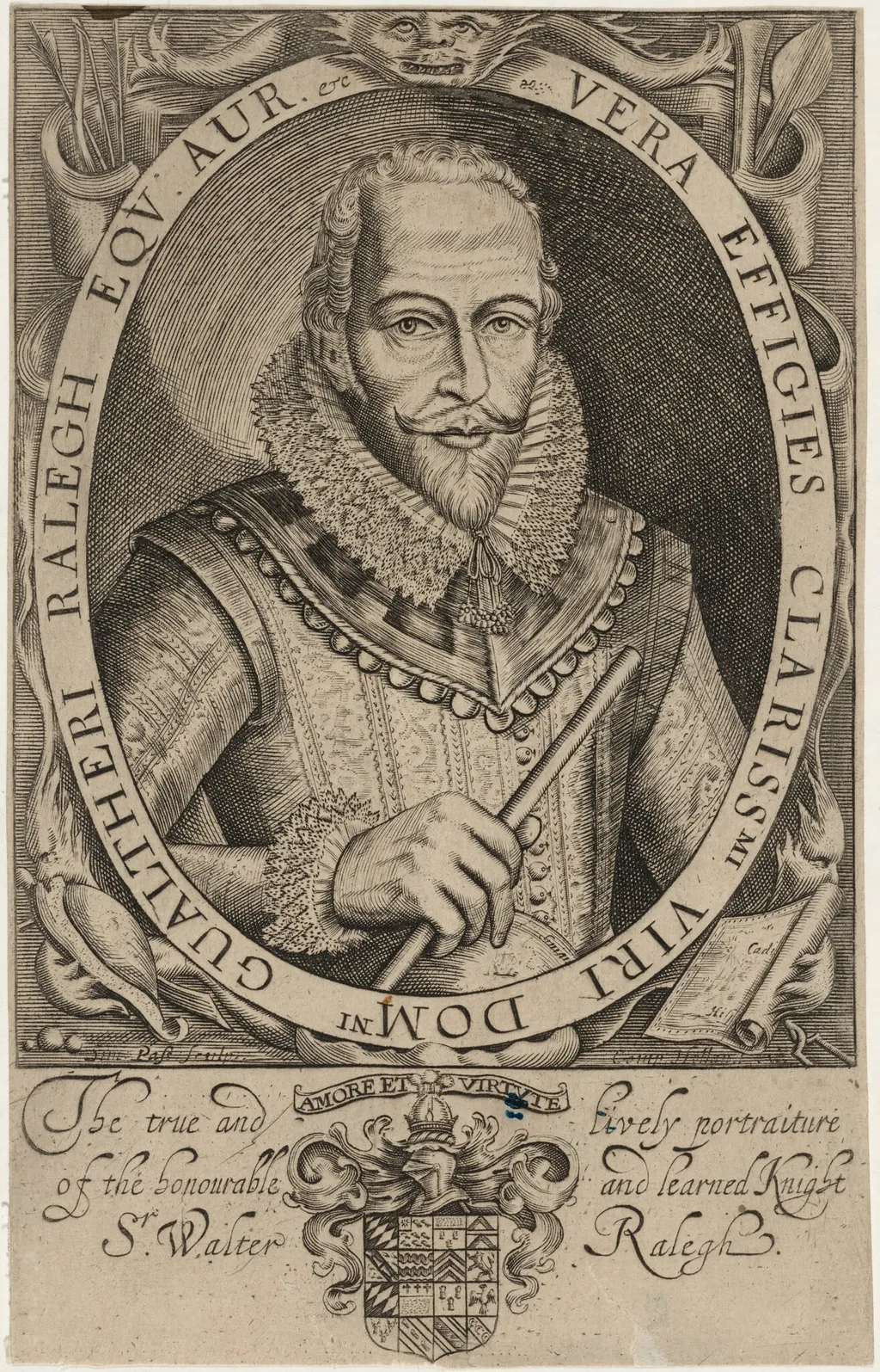 Sir Walter Raleigh, by Simon van de Passe, ink, 1621