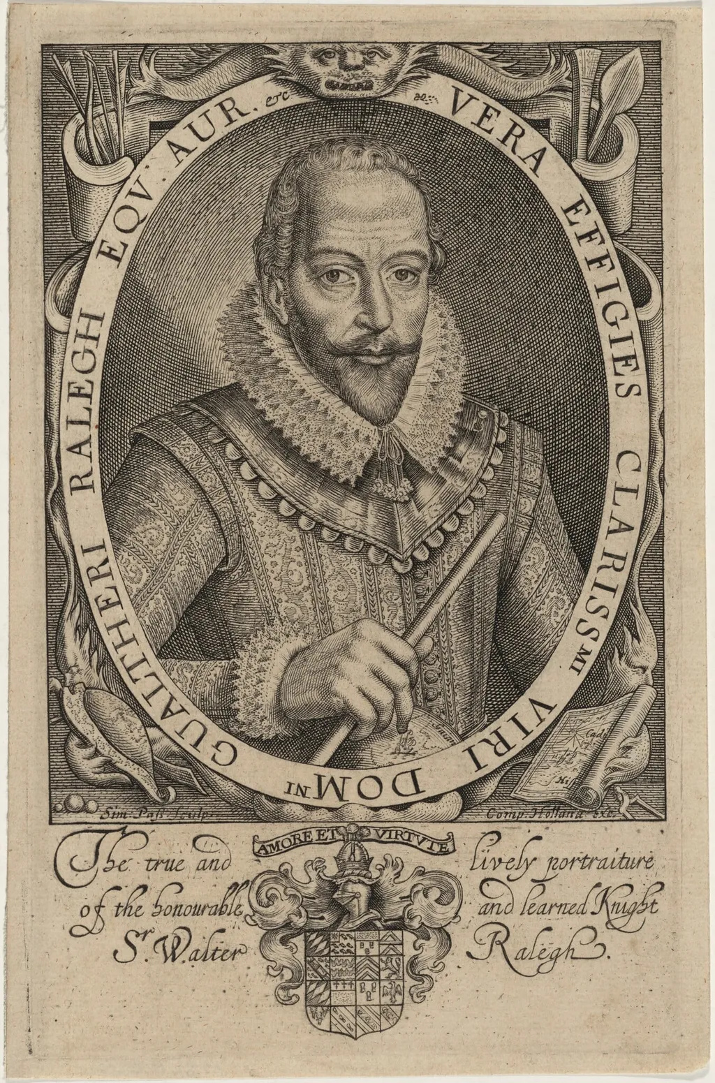 Sir Walter Raleigh, by Simon van de Passe, ink, 1621