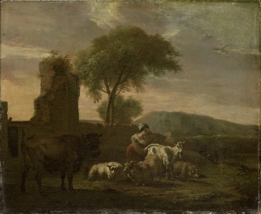 Italian landscape with sheperdess and flocks, by Simon van der Does