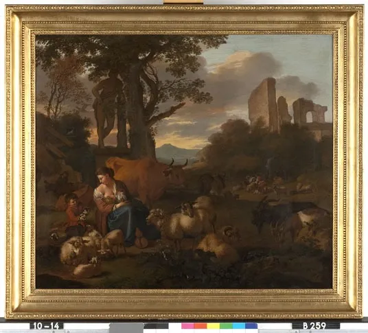 Italian landscape with sheperdess and flocks, by Simon van der Does, oil, 1703
