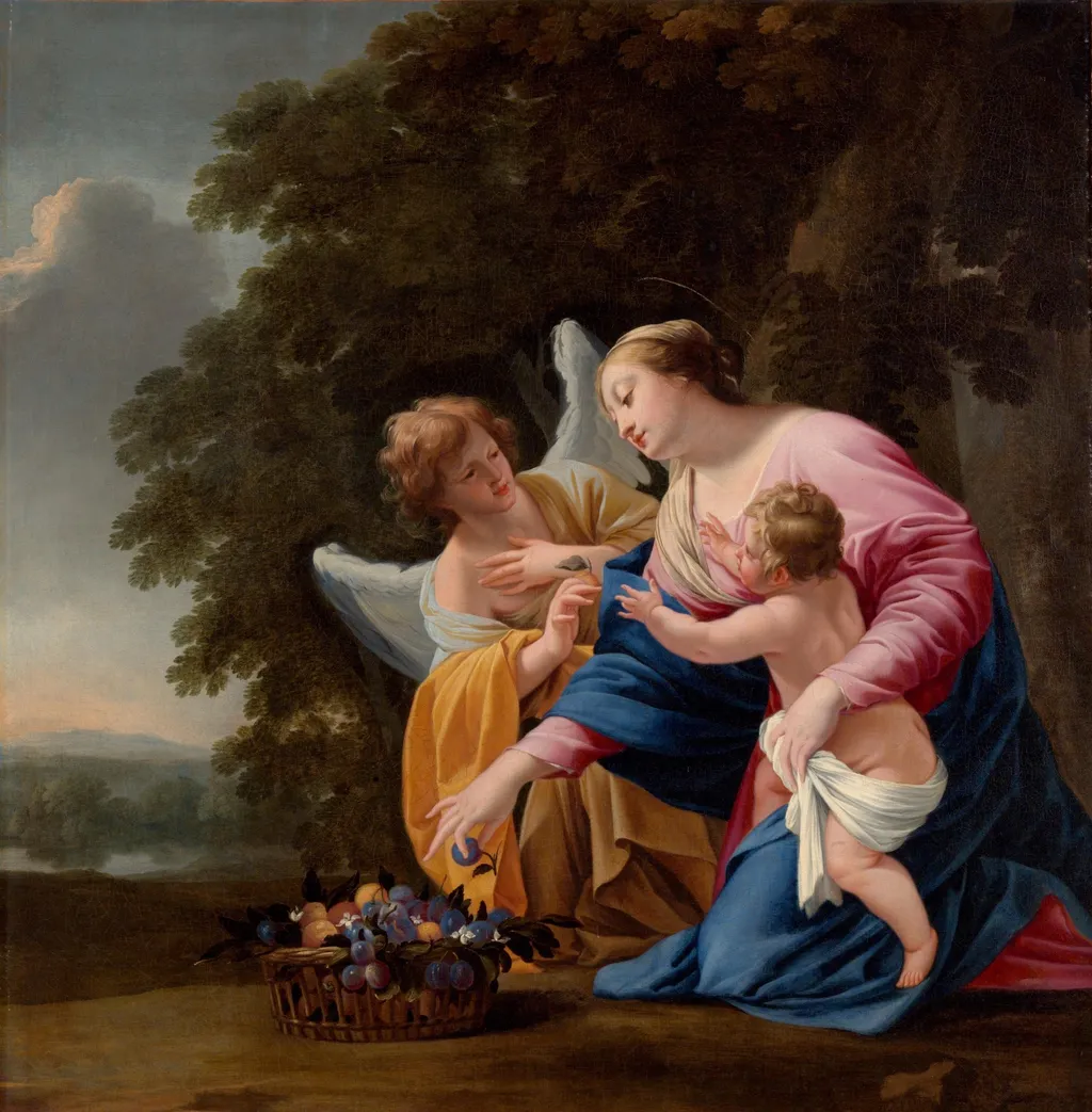 Virgin and Child, with an Angel, by Simon Vouet, oil, 1642
