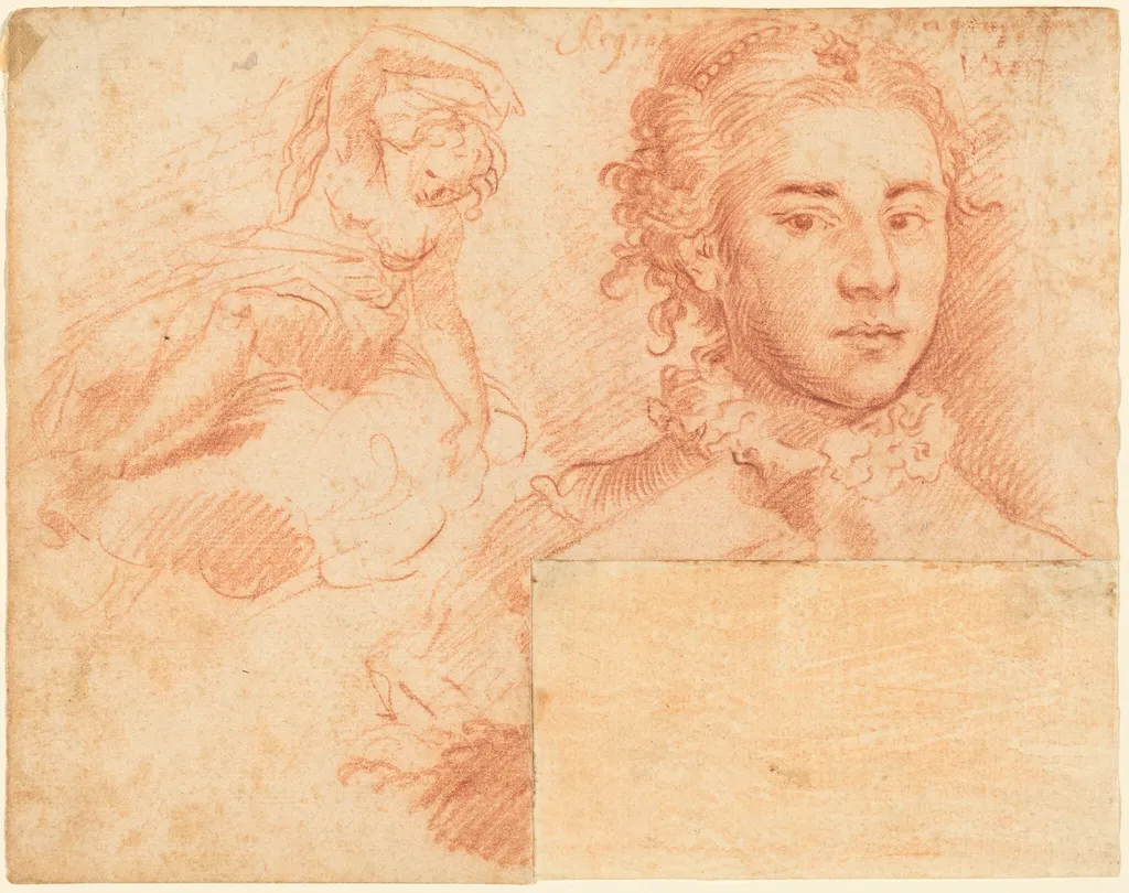 A Portrait of a Queen and a Study of a Woman Seated on a Cloud; verso, Sleeping Figure, by Simone Cantarini, chalk, 1630