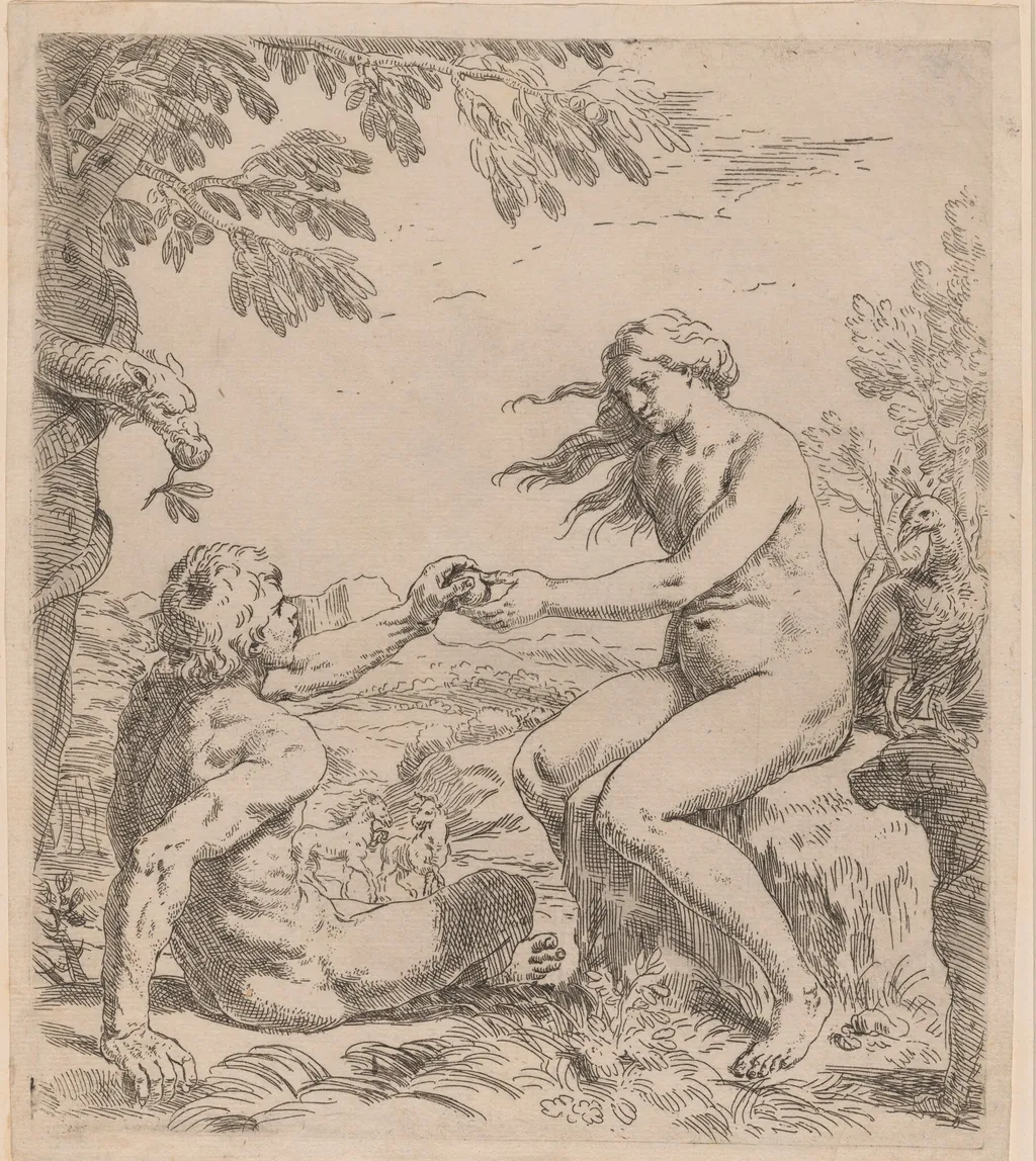 Adam and Eve, by Simone Cantarini, ink, 1644