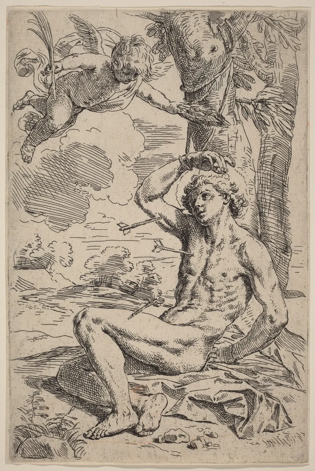 Saint Sebastian, by Simone Cantarini, ink, 1644