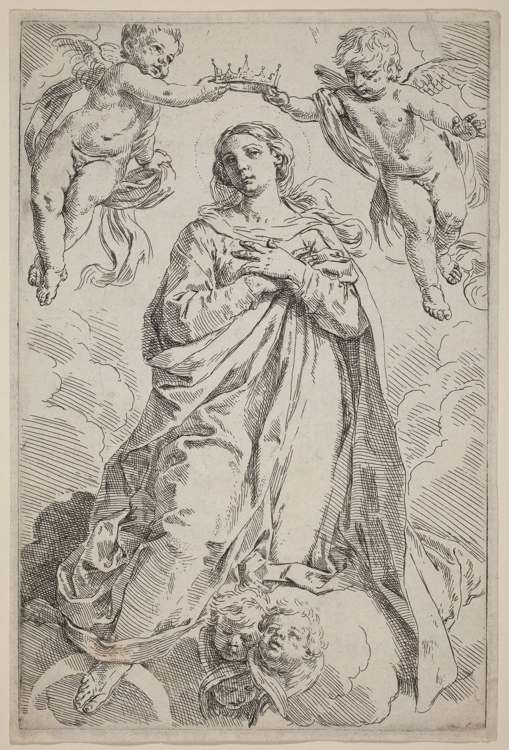 The Coronation of the Virgin, by Simone Cantarini, ink, 1630
