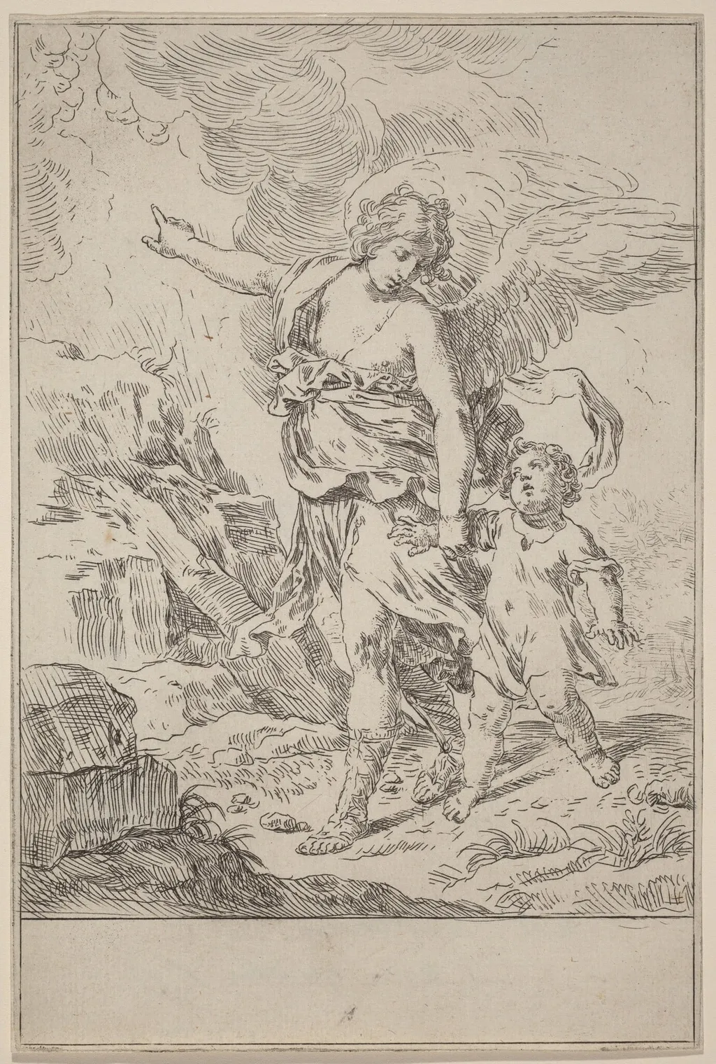 The Guardian Angel, by Simone Cantarini, ink, 1600