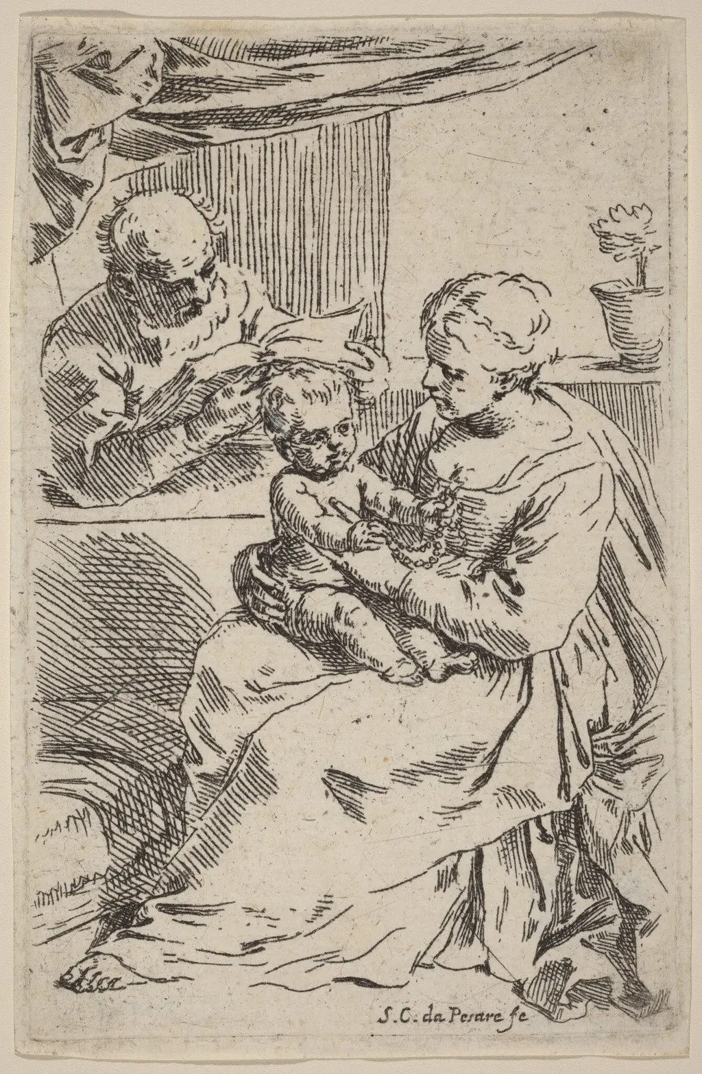 The Holy Family, by Simone Cantarini, ink, 1630