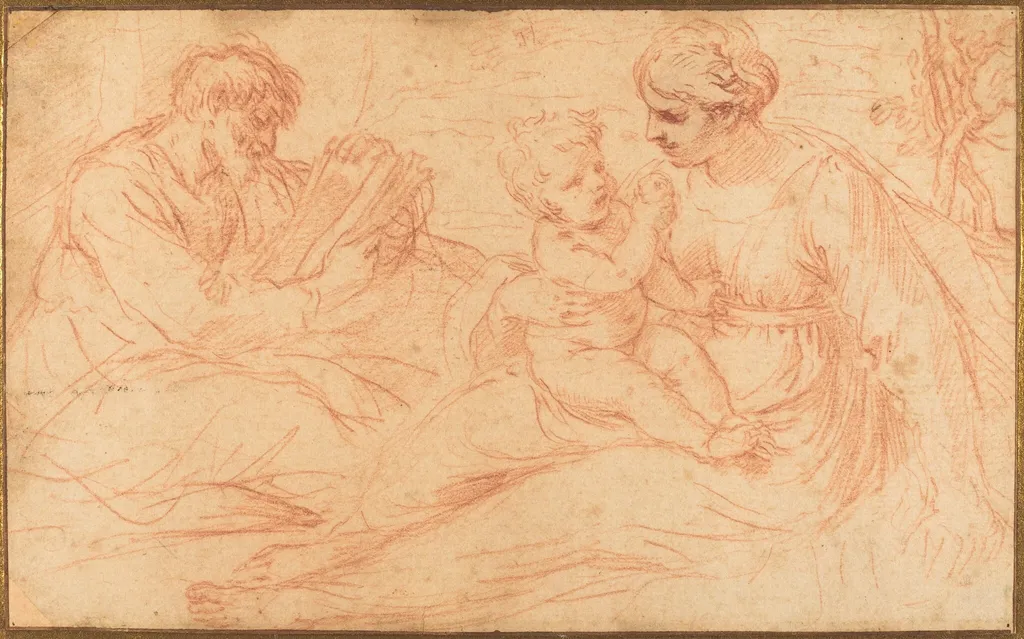 The Holy Family, by Simone Cantarini, chalk, 1630
