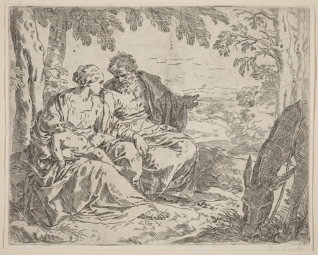 The Rest on the Flight into Egypt, by Simone Cantarini, ink, 1630