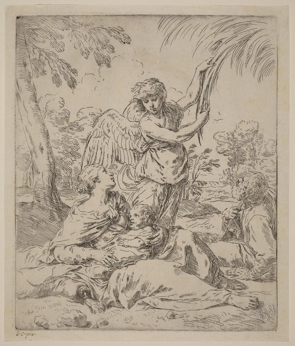 The Rest on the Flight into Egypt, by Simone Cantarini, ink, 1639