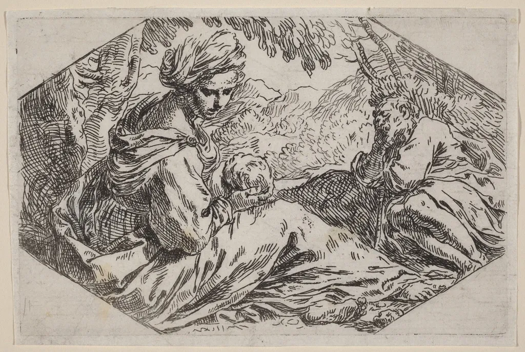 The Rest on the Flight into Egypt, by Simone Cantarini, ink, 1630