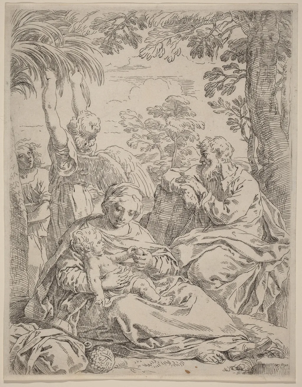 The Rest on the Flight into Egypt, by Simone Cantarini, ink, 1630