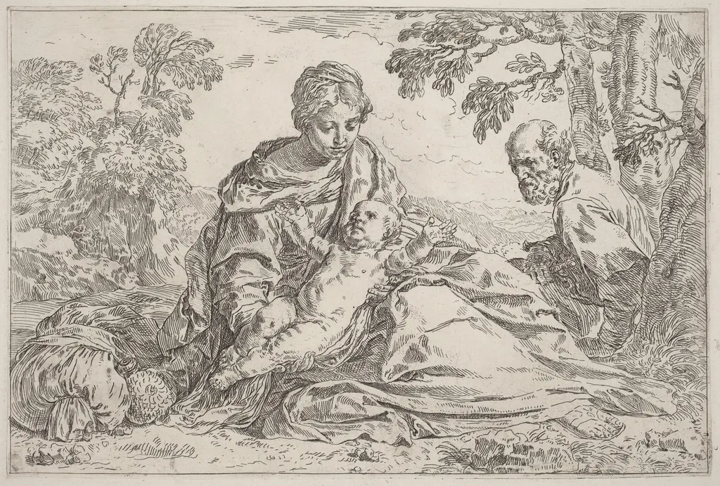 The Rest on the Flight into Egypt, by Simone Cantarini, ink, 1630