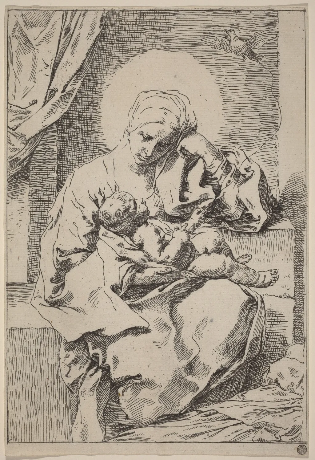 The Virgin and Child with a Bird, by Simone Cantarini, ink, 1639