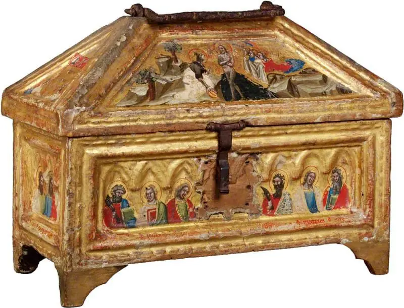 The Baptism of Christ (casket lid, front); Saint Peter, Saint John the Evangelist, Saint Matthew and Two Unknown Saints (casket, front), by Simone dei Crocifissi
