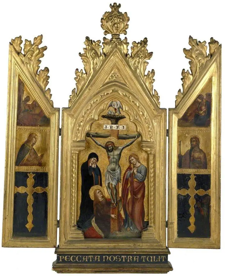 The Crucifixion (centre); The Angel Gabriel and a Saint (left); The Virgin and St James (right), by Simone dei Crocifissi