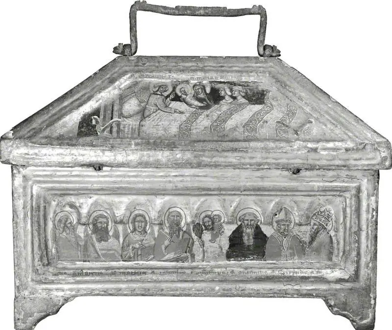 The Virgin and Saint Elizabeth with the Infant Saint John (casket lid, back); The Four Evangelists with Saint Christopher, Saint Anthony Abbot, Saint Liberius (casket, back), by Simone dei Crocifissi